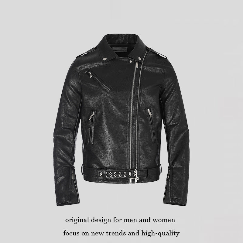 Herren taillierte Bikerjacke aus Kunstleder mit asymmetrischem Reißverschluss und Nieten-Taillengürtel Shop Nory