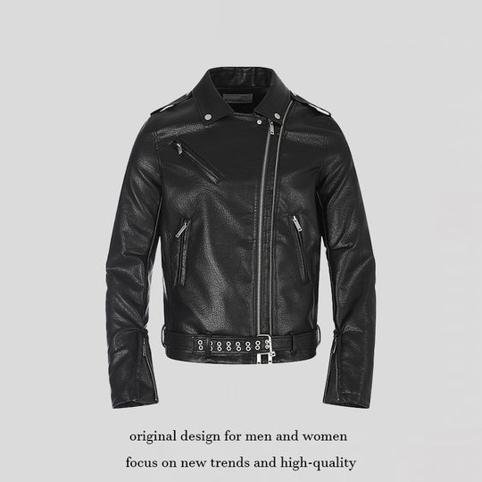 Herren taillierte Bikerjacke aus Kunstleder mit asymmetrischem Reißverschluss und Nieten-Taillengürtel Shop Nory