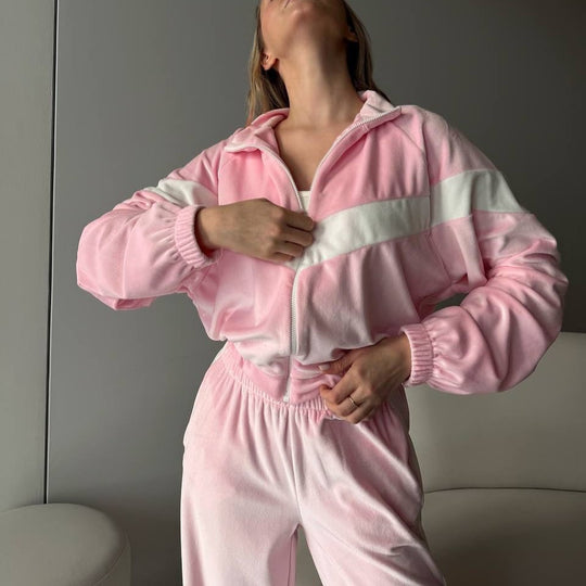 Damen leichter Komfort-Jogginganzug im Retro-Stil mit kurzem Reißverschlussoberteil und hoher Taille Shop Nory