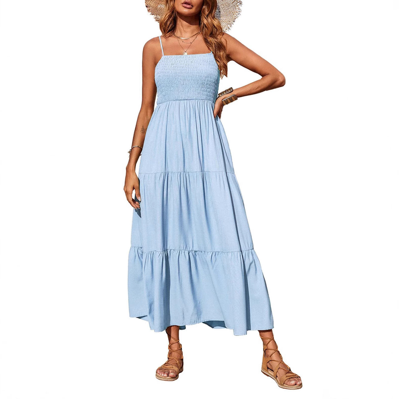 Damen Maxikleid mit verstellbaren Trägern und Rüschen