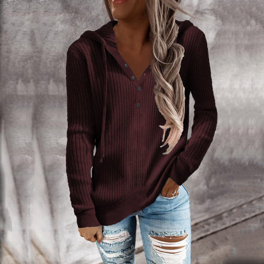 Damen Lässiger gerippter Hoodie-Pullover mit Henley-Knopfleiste und Tunnelzug Shop Nory