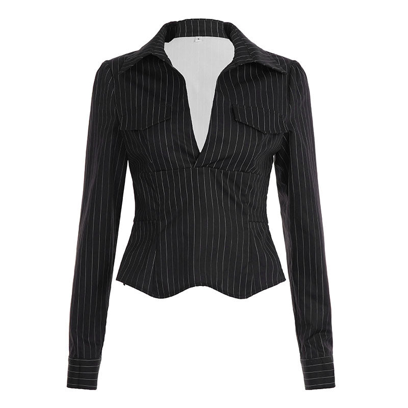Damen nan tailliertes Langarmshirt mit Twist‑V‑Ausschnitt, Hemdkragen und Nadelstreifen-Optik Shop Nory