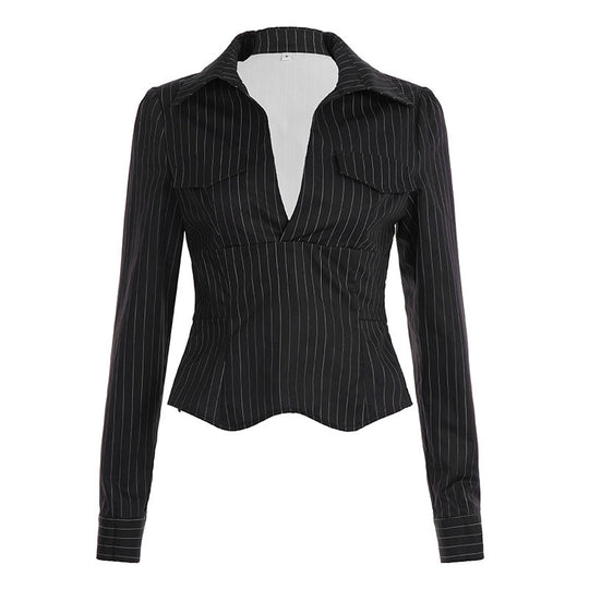 Damen nan tailliertes Langarmshirt mit Twist‑V‑Ausschnitt, Hemdkragen und Nadelstreifen-Optik Shop Nory