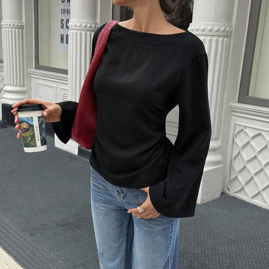 Damen Bootneck-Langarmshirt mit weitem Manschettenärmel und figurbetonter Seitennaht Shop Nory