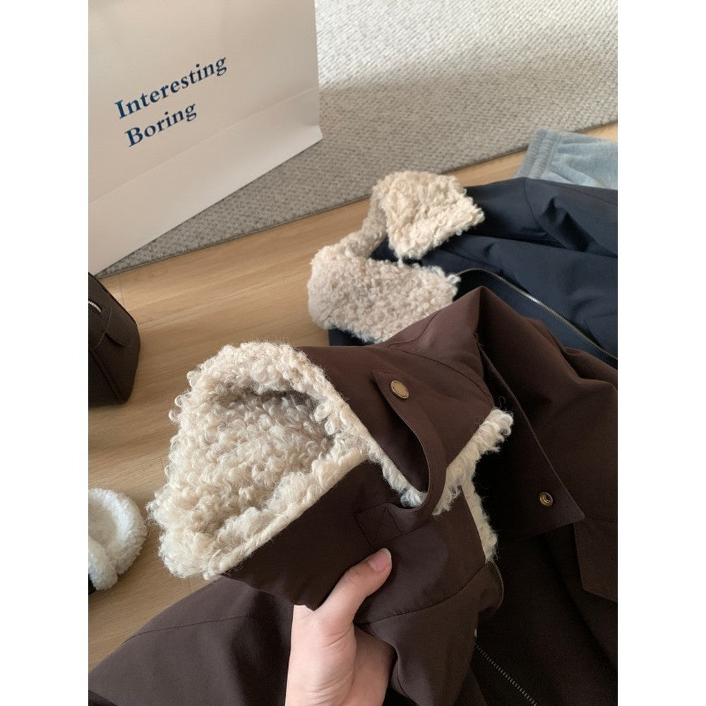 Damen Kurze Oversize-Bomberjacke mit Teddykragen und Druckknopfdetails Shop Nory