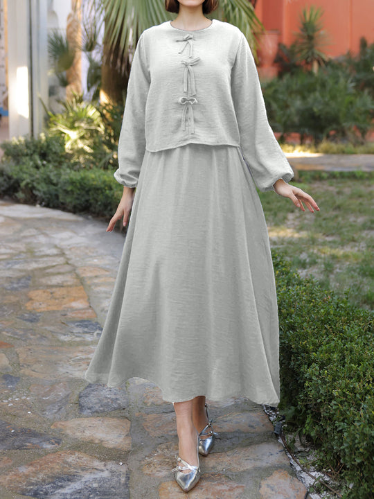 Damen Langes Zweiteiliges Maxikleid mit Überwurf, Rundhals und Zierknoten Shop Nory