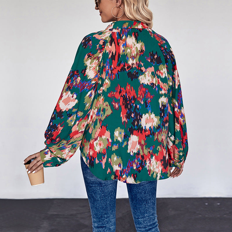 Damen Weites Blusenshirt mit Hemdkragen, abstraktem Print und Ballonärmeln Shop Nory