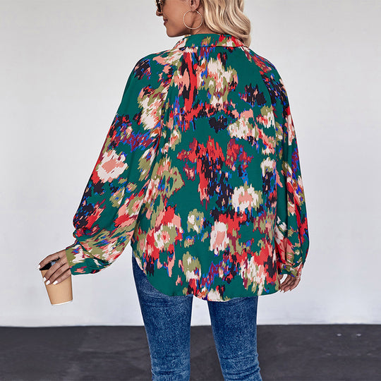 Damen Weites Blusenshirt mit Hemdkragen, abstraktem Print und Ballonärmeln Shop Nory