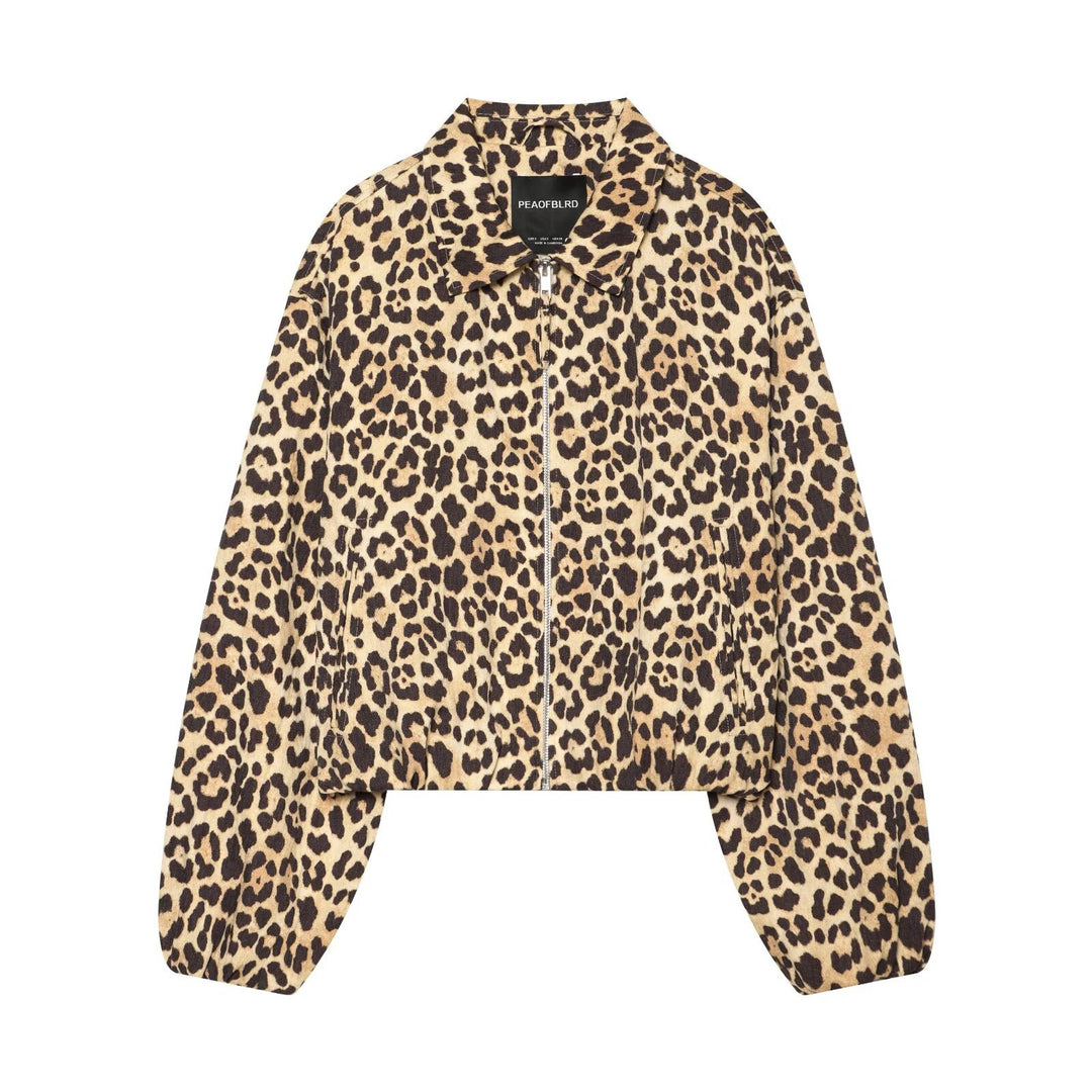 Damen Cropped Bomberjacke im Oversize‑Schnitt mit durchgehendem Reißverschluss und Leopardenmuster Shop Nory