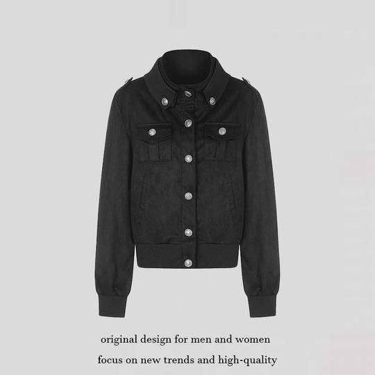 Damen Kurz geschnittene Samtvelours Bomberjacke mit Schmuckknöpfen und Schulterklappen Shop Nory