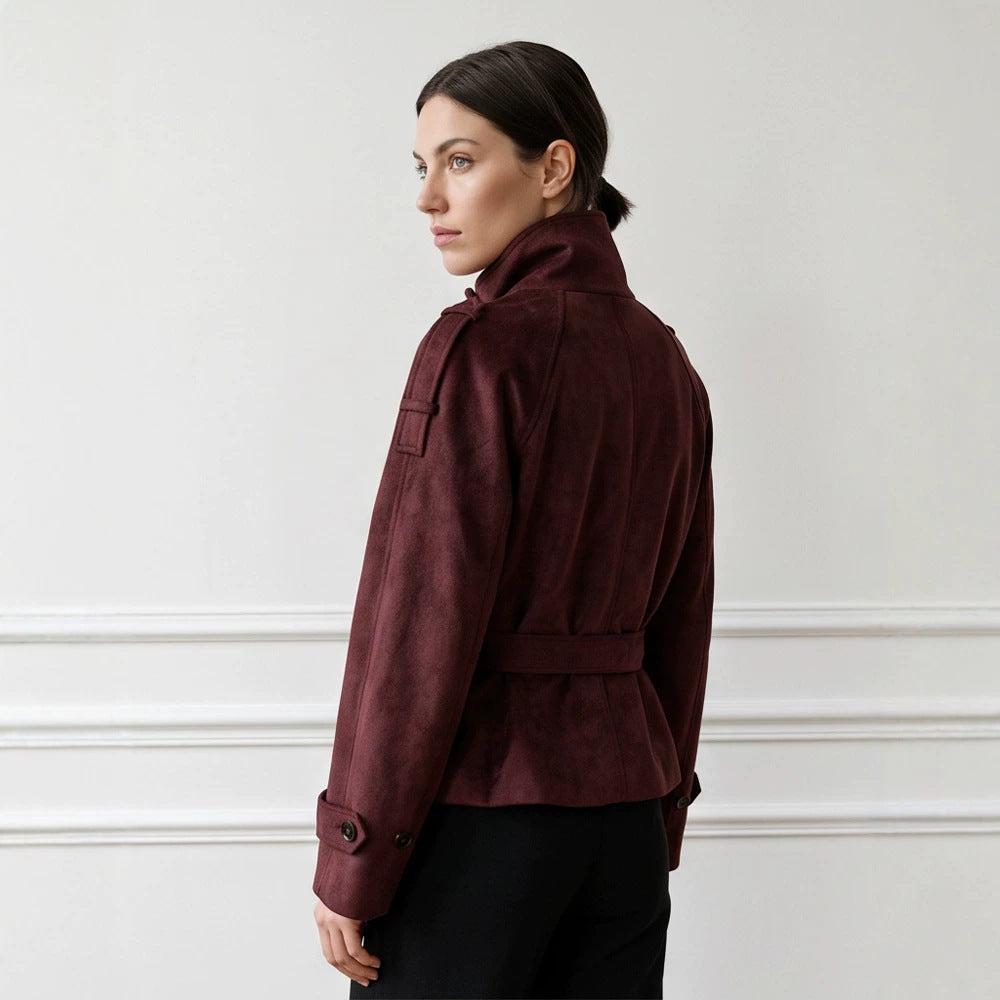 Damen Taillierte Kurzjacke in Wildlederoptik mit Doppelreiher und Stehkragen Shop Nory