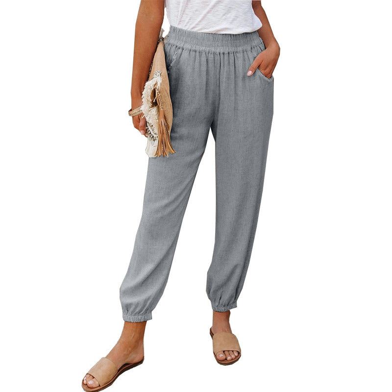 Damen lässige Leinen-Hose mit elastischem Bund und Gummizug
