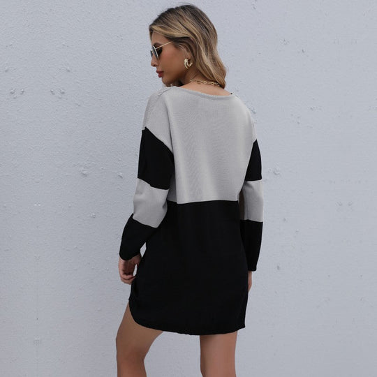 Damen Feinstrick-Minikleid mit Colorblock-Design, V‑Ajour-Ausschnitt und geripptem Saum Shop Nory