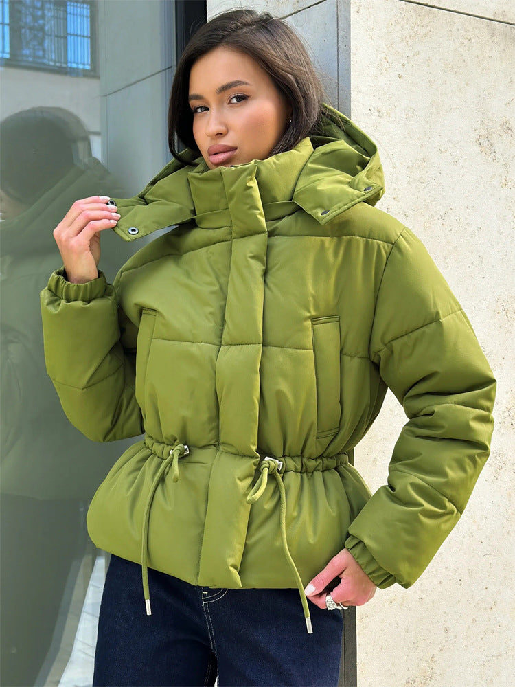 Damen Kurz geschnittene wattierte Kapuzenjacke mit Taillenzug und hohem Stehkragen Shop Nory