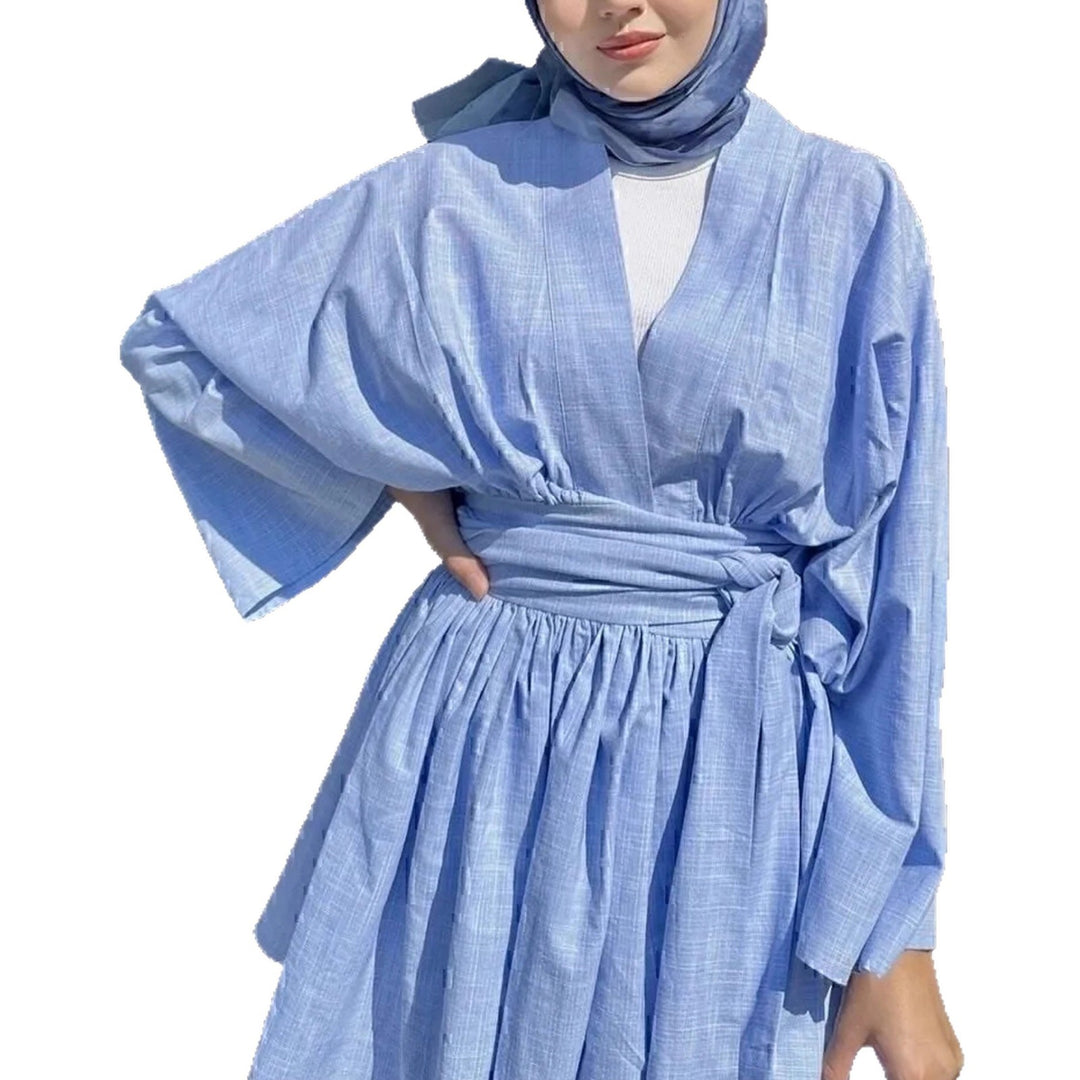 Damen Kimono-Wickelkleid in Leinenoptik mit weitem Rock und Bindegürtel Shop Nory