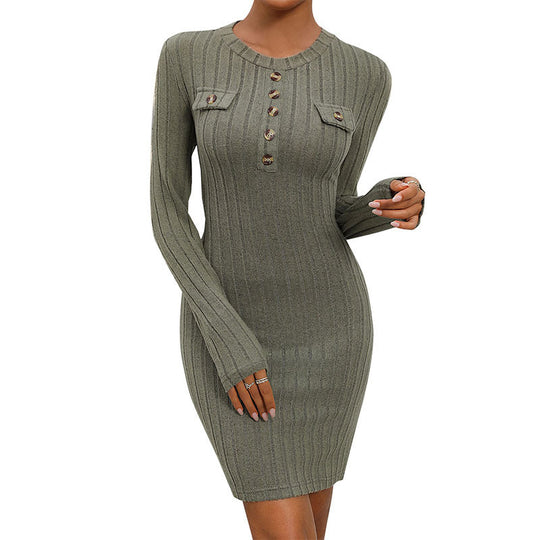 Damen Figurnahes geripptes Strick‑Minikleid mit Knopfleiste und Zier-Brusttaschen Shop Nory