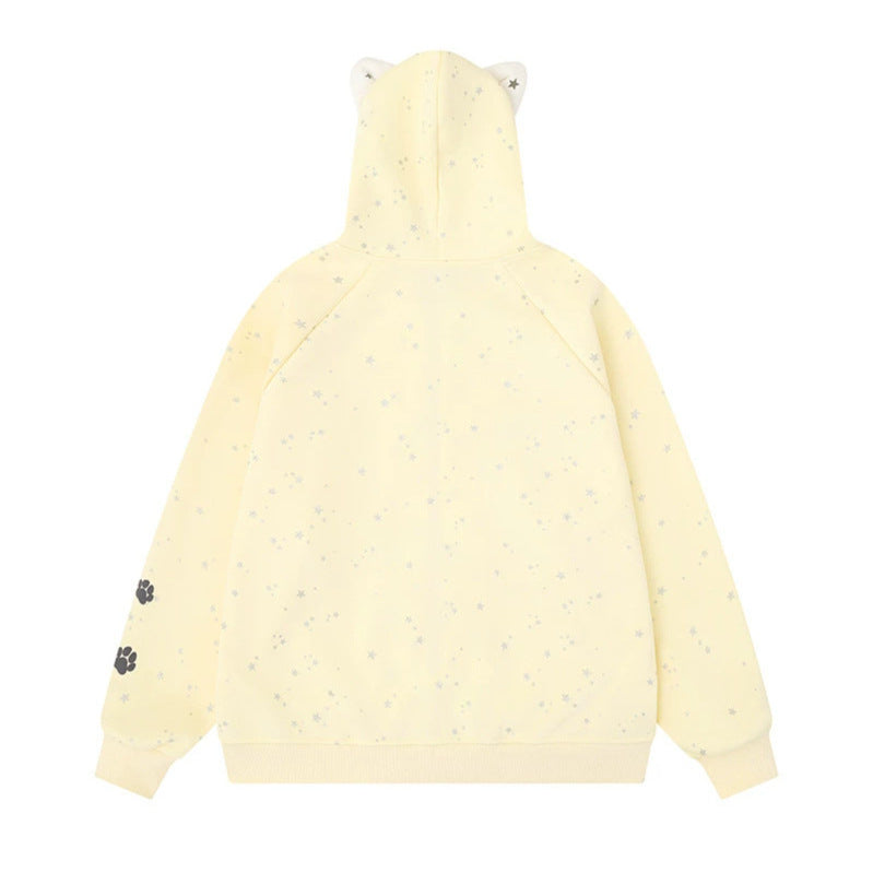 Damen Zip-Kapuzenjacke mit Musikprint, 3D-Ohrenkapuze und Pfoten-Applikation Shop Nory