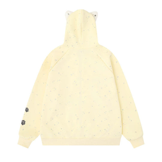 Damen Zip-Kapuzenjacke mit Musikprint, 3D-Ohrenkapuze und Pfoten-Applikation Shop Nory