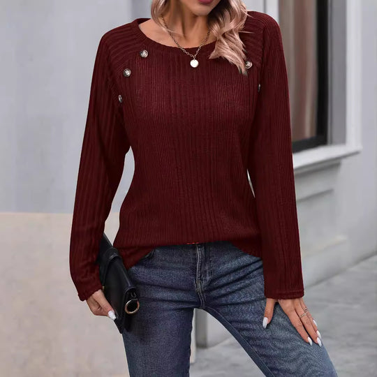 Damen Feiner Rippstrick-Pullover mit Zierknopfleiste und Rundhalsausschnitt Shop Nory