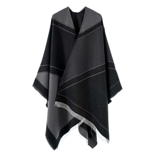 Damen Wendbarer Strickcape-Poncho mit Fransen und kontrastierenden Streifen Shop Nory