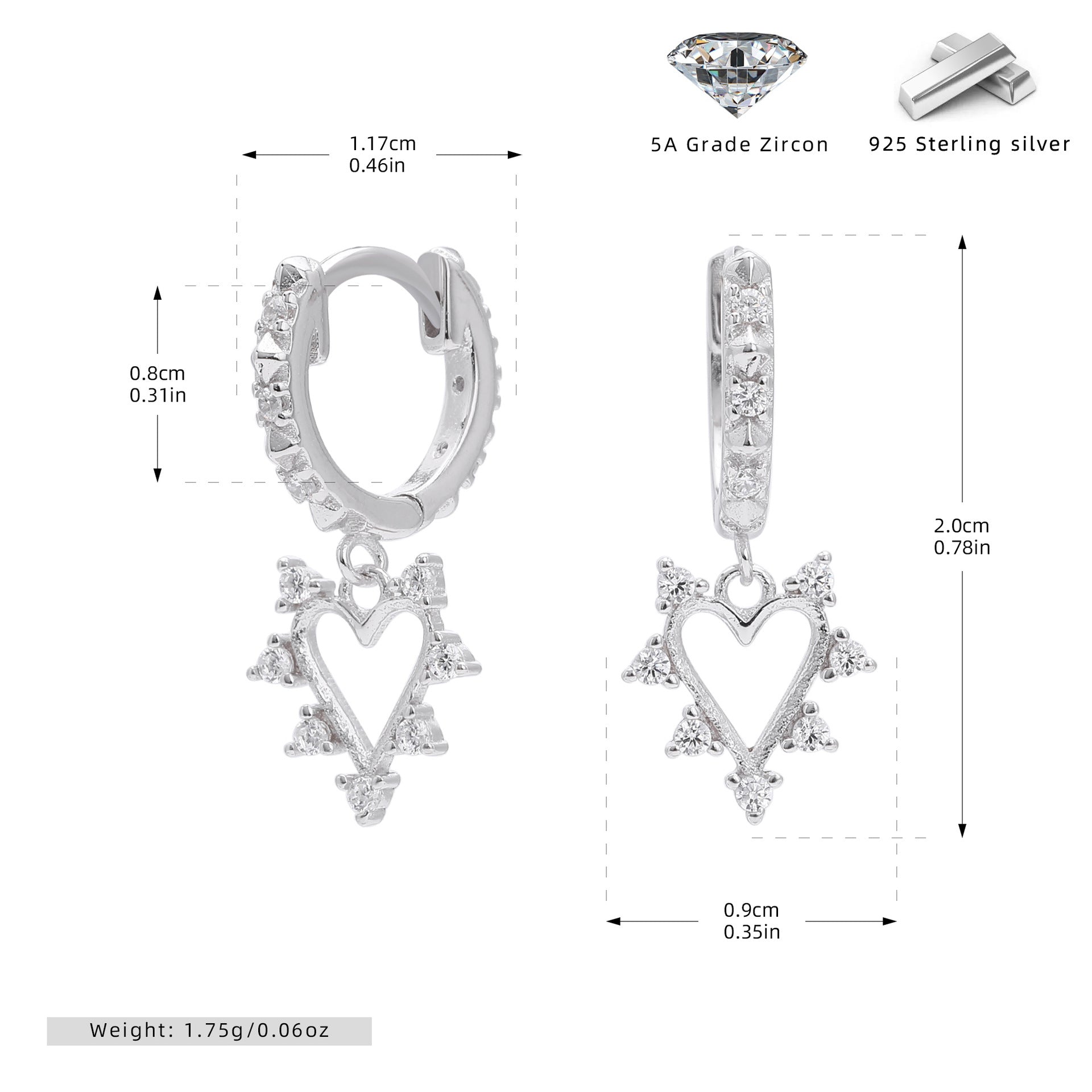 Damen Ohrhänger mit herzförmigem Zirkon-Anhänger aus hochwertigem 925 Sterling Silber Shop Nory