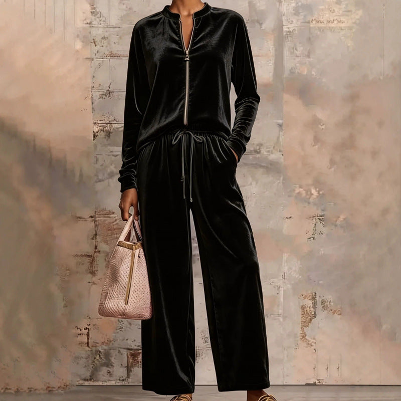 Damen Samt-Lounge-Set mit Stehkragen, Halbreißverschluss und weitem Palazzohose Shop Nory
