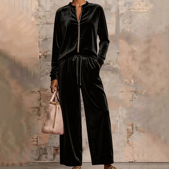 Damen Samt-Lounge-Set mit Stehkragen, Halbreißverschluss und weitem Palazzohose Shop Nory