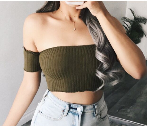 Damen Off-Shoulder Crop-Top aus Rippenstrick Shopnory