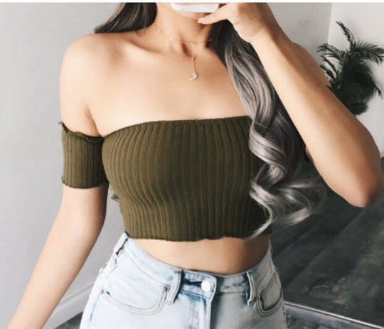 Damen Off-Shoulder Crop-Top aus Rippenstrick Shopnory