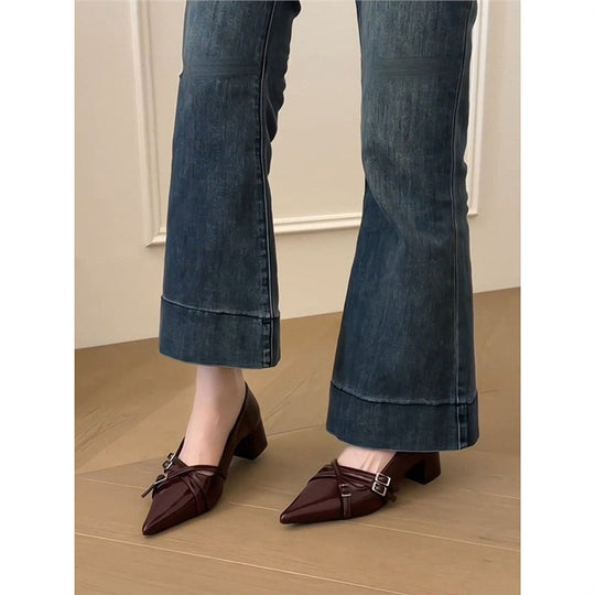 Damen Spitz zulaufende Block-Absatz Pumps mit doppeltem Zierriemen Shop Nory