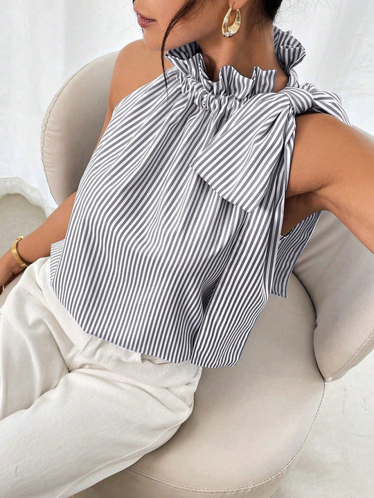 Damen Ärmellose Crêpe-Bluse mit gerafftem Stehkragen und Schulter-Schleife Shop Nory