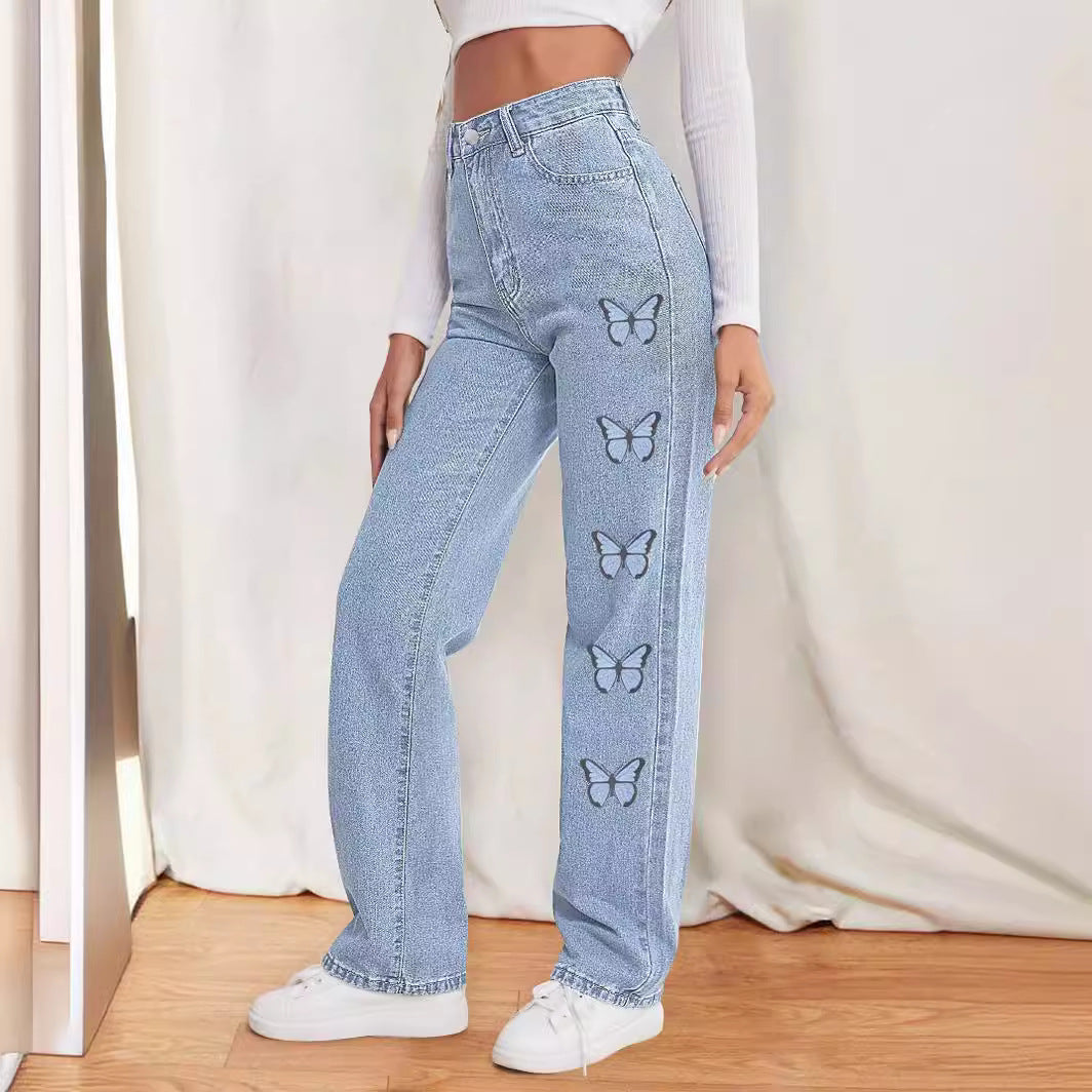 Damen taillenhohe gerade geschnittene Jeans mit seitlichem Schmetterlingsprint Shop Nory