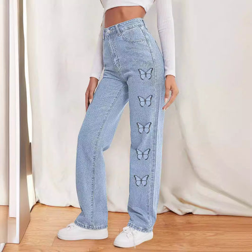 Damen taillenhohe gerade geschnittene Jeans mit seitlichem Schmetterlingsprint Shop Nory