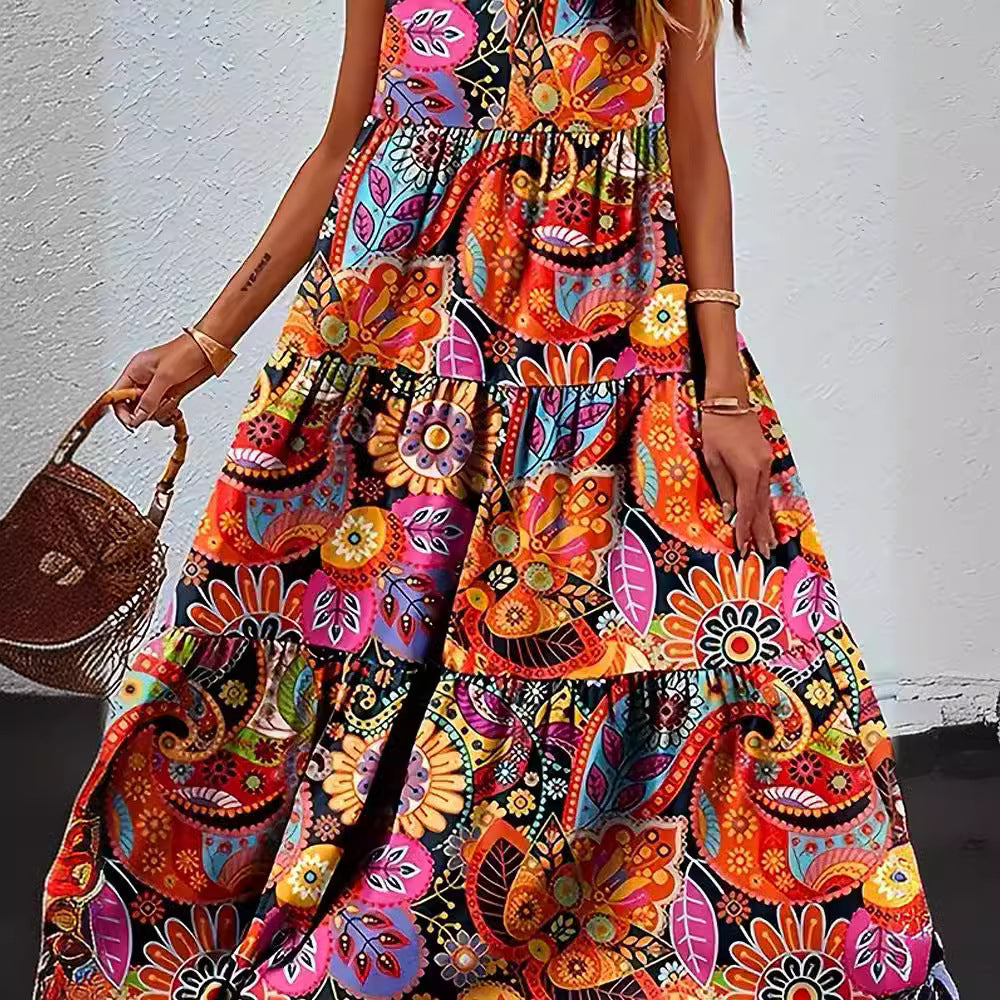 Damen Maxikleid mit buntem Blumenmuster und elegantem V-Ausschnitt