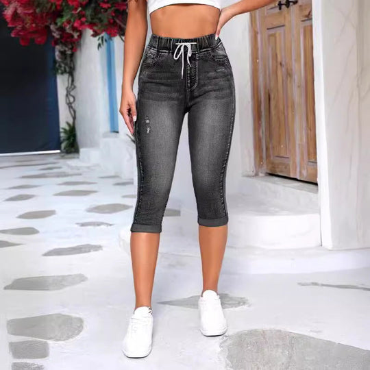 Damen lässige 3/4 Jeansleggings mit elastischem Bund und praktischen Taschen