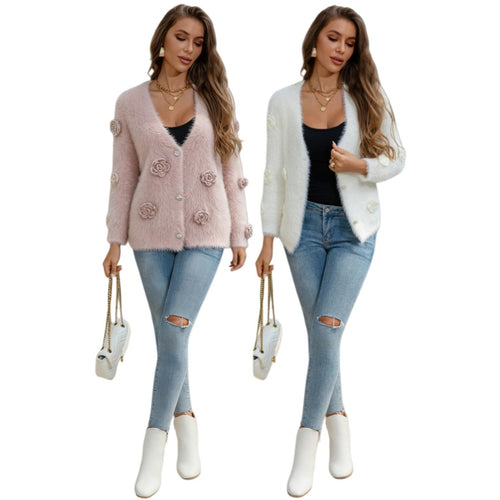 Damen Flauschige Strickjacke mit Blumen-Applikation und Perlenknöpfen Shop Nory