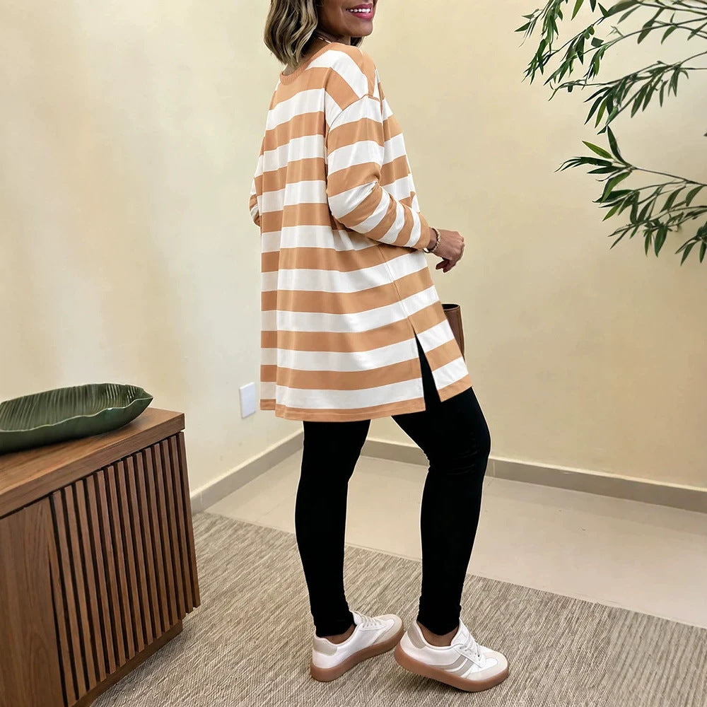 Damen Oversized Streifen-Longsleeve mit Rundhalsausschnitt und abgerundetem Saum Shop Nory