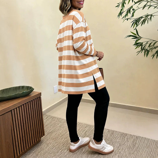 Damen Oversized Streifen-Longsleeve mit Rundhalsausschnitt und abgerundetem Saum Shop Nory