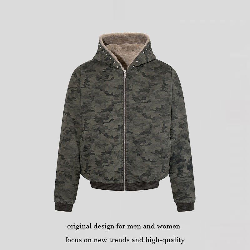 Damen gefütterte Camouflage-Bomberjacke mit Teddy-Innenfutter, Kapuze und Rippbündchen Shop Nory