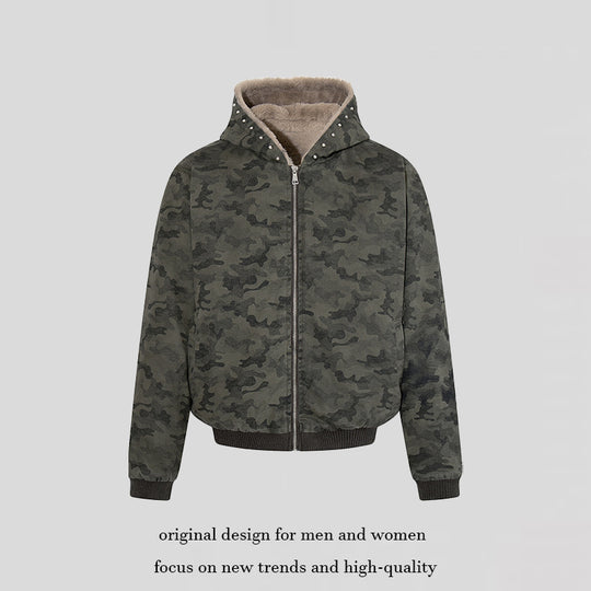 Damen gefütterte Camouflage-Bomberjacke mit Teddy-Innenfutter, Kapuze und Rippbündchen Shop Nory