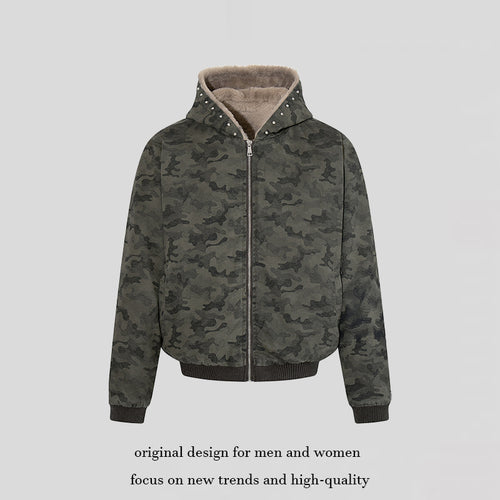 Damen gefütterte Camouflage-Bomberjacke mit Teddy-Innenfutter, Kapuze und Rippbündchen Shop Nory