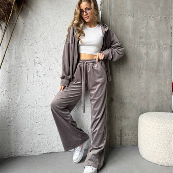 Damen weicher Velours-Trainingsanzug mit Kapuze, Reißverschluss und weitem Bein Shop Nory
