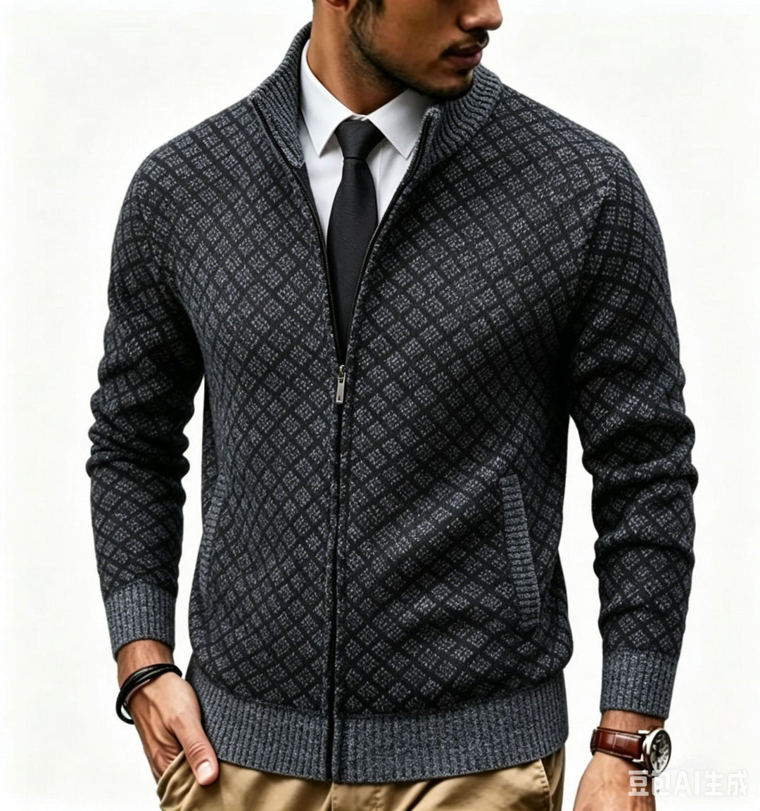 Herren Strukturierte Strickjacke mit Stehkragen und Diamant-Jacquard Shop Nory