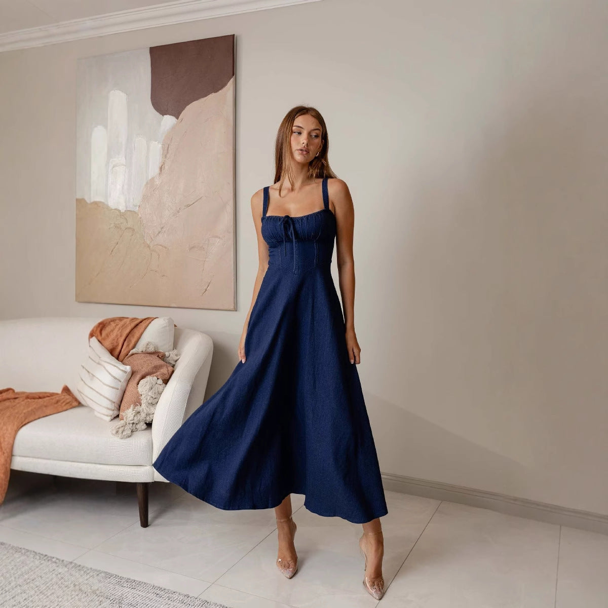 Damen Midikleid mit Bindegürtel und schwingendem Rock