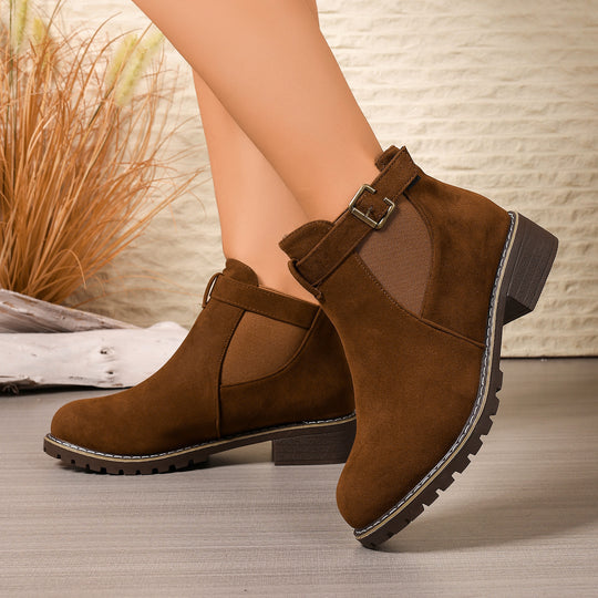 Damen Stiefelette mit Velours-Optik, elastischem Einsatz und Schnallenriemen Shop Nory