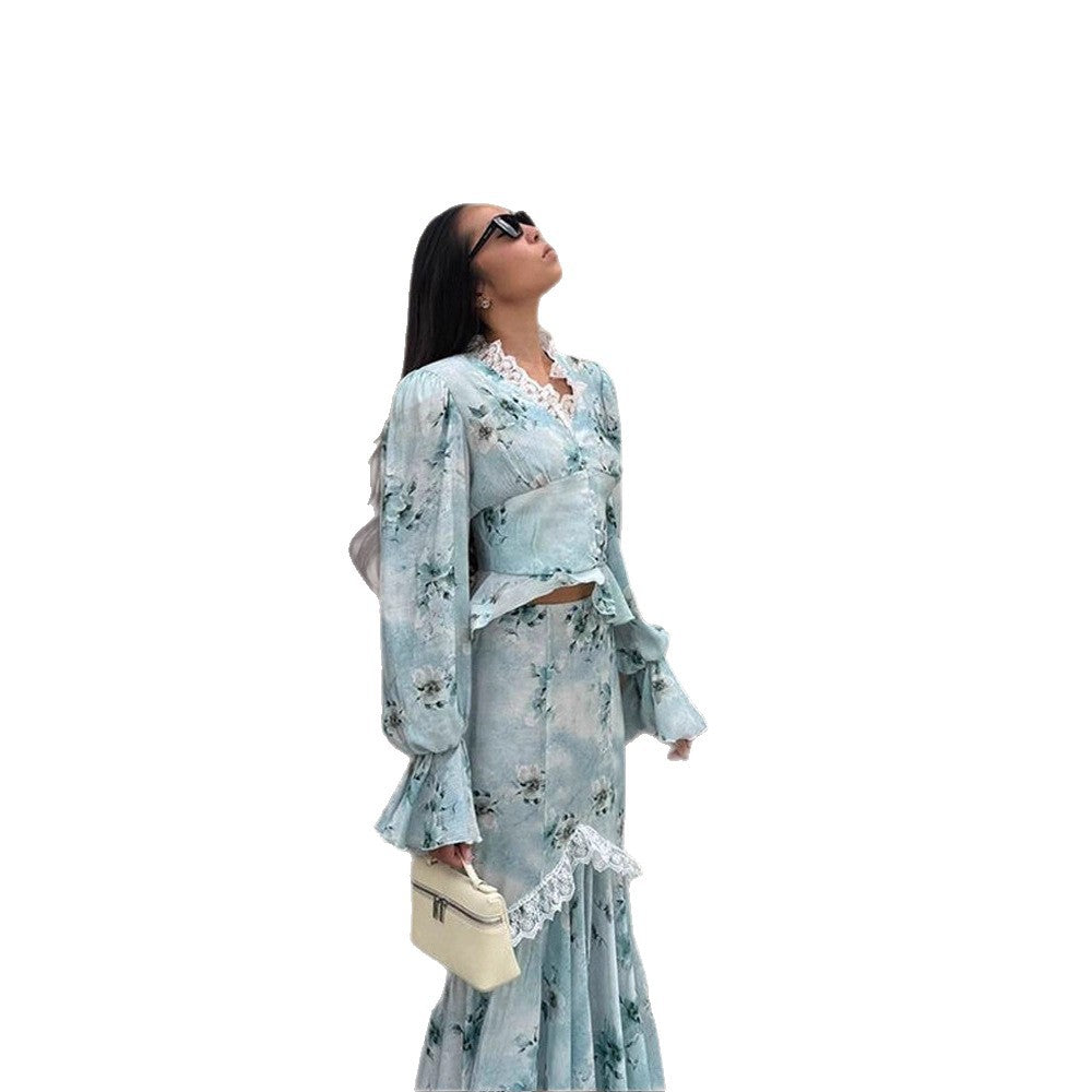 Damen Zweiteiliges Maxikleid-Set mit Korsagenoberteil, Volantärmeln und Spitzenbesatz Shop Nory