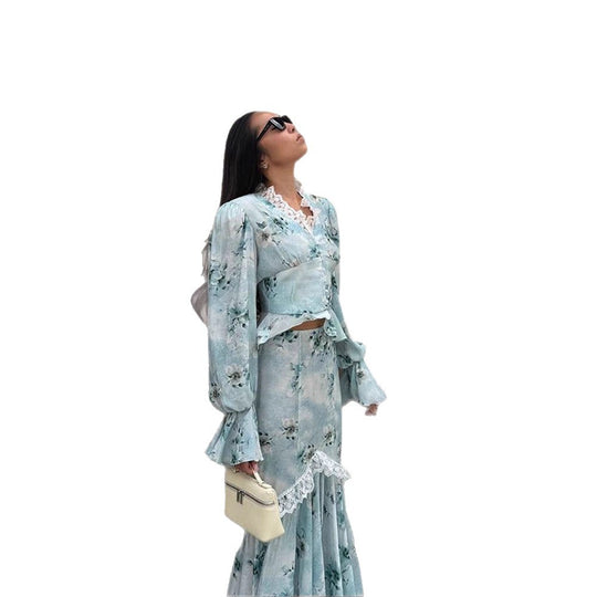 Damen Zweiteiliges Maxikleid-Set mit Korsagenoberteil, Volantärmeln und Spitzenbesatz Shop Nory