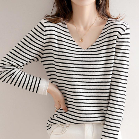 Damen Zarter Streifen-V‑Ausschnittpullover aus feinem Rippstrick mit weichem Fall Shop Nory