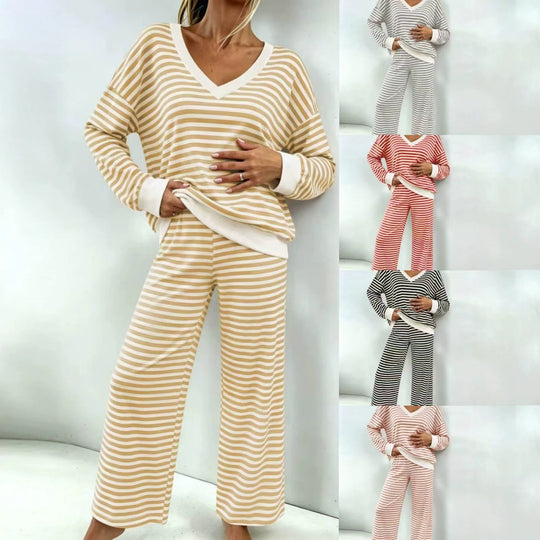 Damen Maritimes Zweiteiler mit V-Ausschnitt, Oversize-Pullover und Palazzo‑Hose Shop Nory