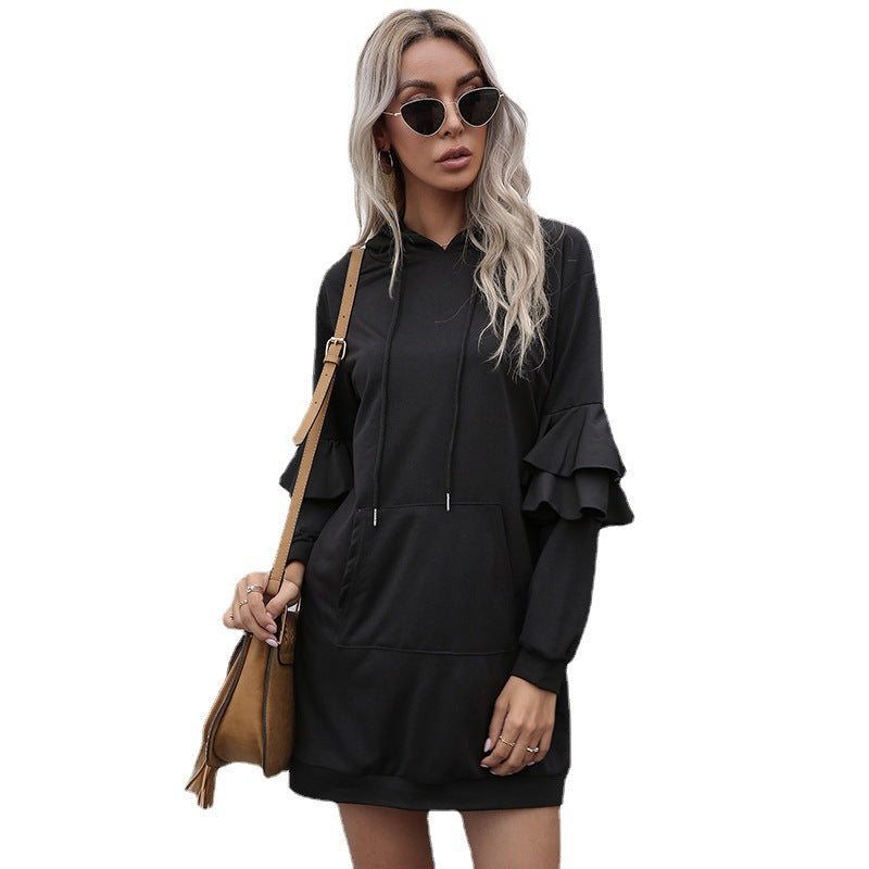 Damen Oversize-Kapuzenkleid mit zweistufigen Volantärmeln und Eingrifftasche Shop Nory
